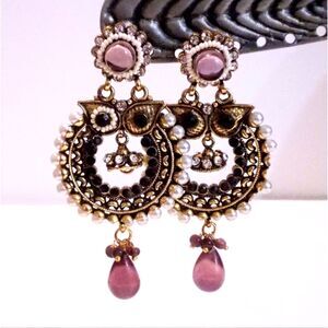 Eastern Inspired Gold Tone Faux Pearl and Purple Drop Hoop Earrings